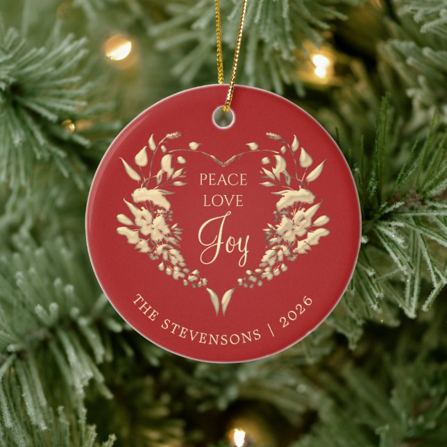 Peace Love Joy Red Gold Christmas Ceramic Tree Decoration (Tree)