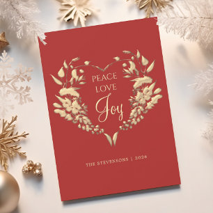 Peace Love Joy Red Gold Floral Christmas Holiday Card