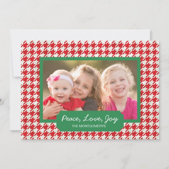 Peace Love Joy Red Houndstooth Holiday Photo Card (Front)