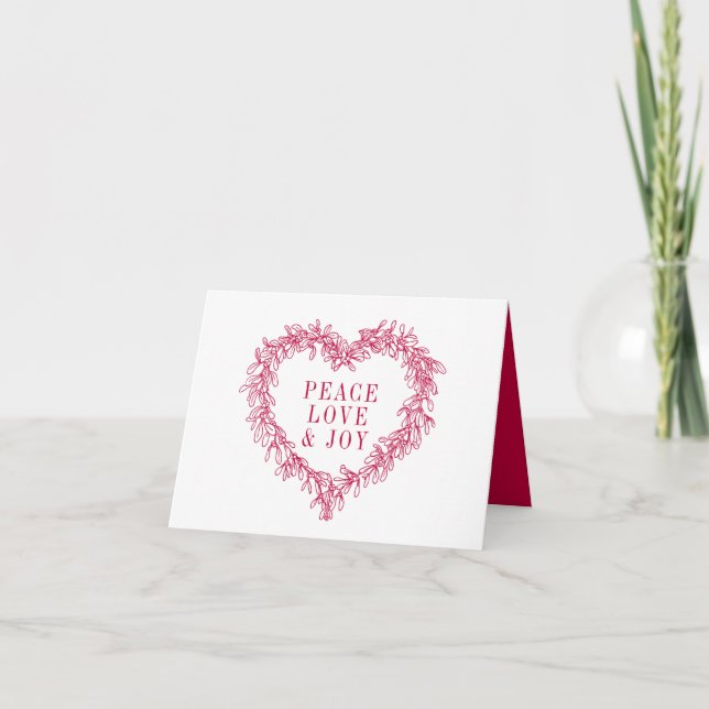 Peace, love joy red mistletoe heart Christmas Holiday Card (Front)