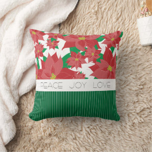 Peace Love Joy Red Poinsettia Christmas Cushion