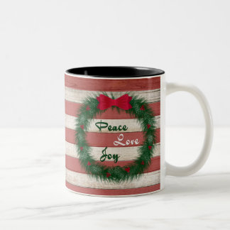Peace, Love & Joy Red Stripe Wreath Mug