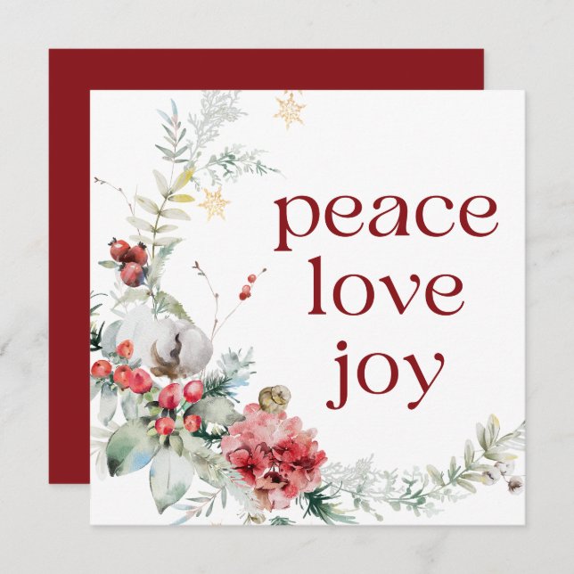 Peace Love Joy Red White Square Holiday Card (Front/Back)