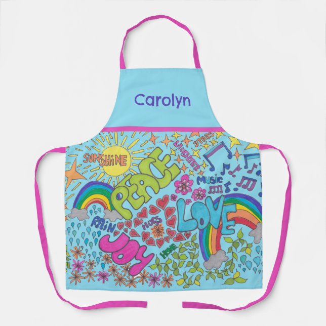 Peace, Love, Joy. Retro 1960s drawing, your name Apron (Front)