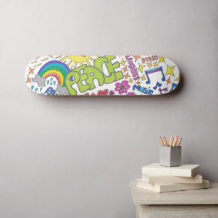 Peace, love, joy.  Retro 1960s hippy vibe.  Skateboard