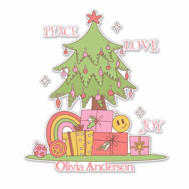 Peace, Love & Joy - Retro Christmas Tree on Pink (Front)