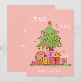 Peace, Love & Joy - Retro Christmas Tree on Pink Holiday Card