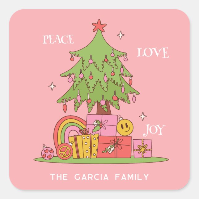 Peace, Love & Joy - Retro Christmas Tree on Pink Square Sticker (Front)