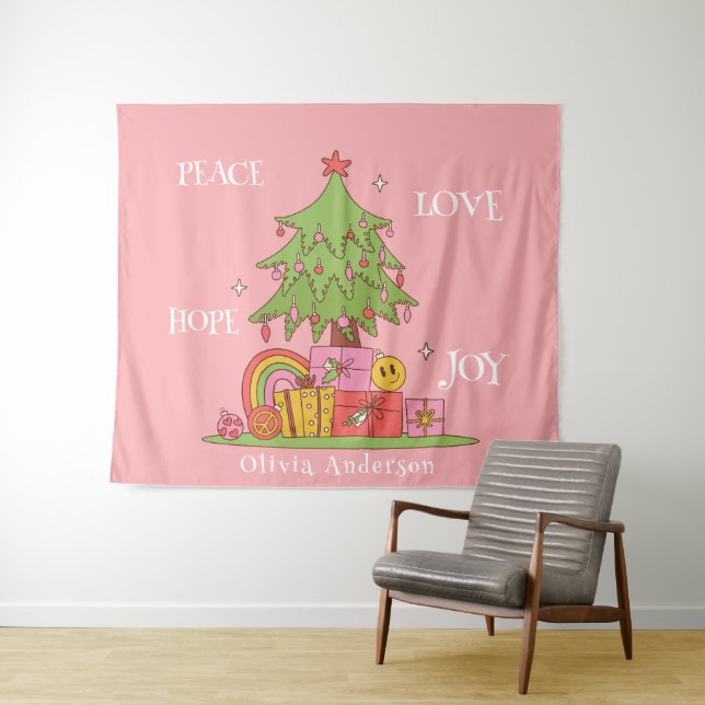 Peace, Love & Joy - Retro Christmas Tree on Pink Tapestry (In Situ (Horizontal))