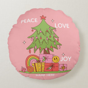 Peace, Love & Joy Retro Christmas Tree Pink Round Cushion