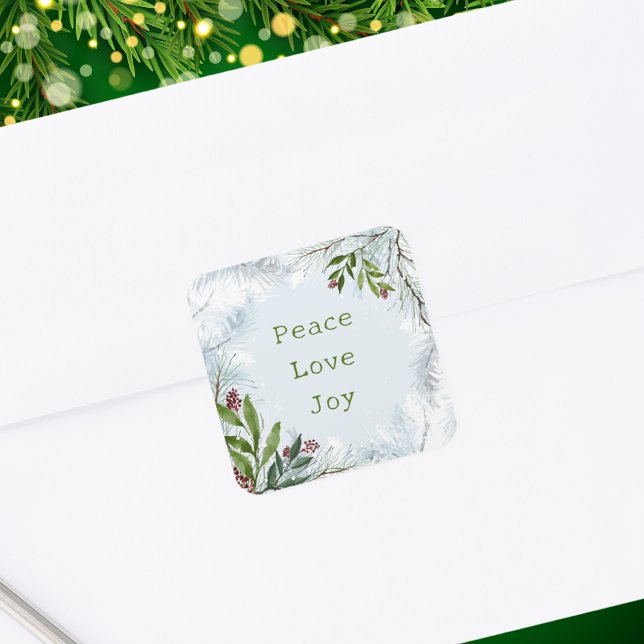 Peace, Love, Joy Rustic Christmas Pine Greenery Square Sticker (Creator Uploaded)