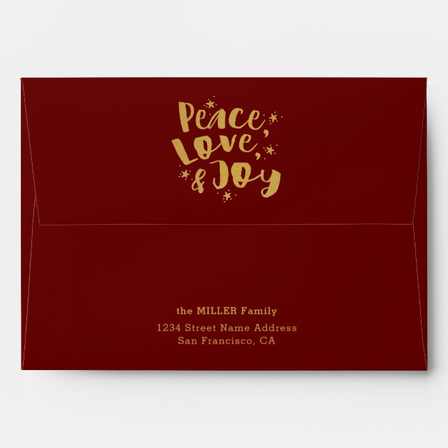 Peace Love Joy Rustic Red Gold Christmas Holiday Envelope (Back (Top Flap))