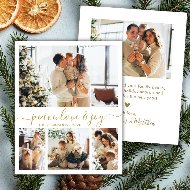 Peace Love Joy Script 4 Photo Christmas Card    (Creator Uploaded)