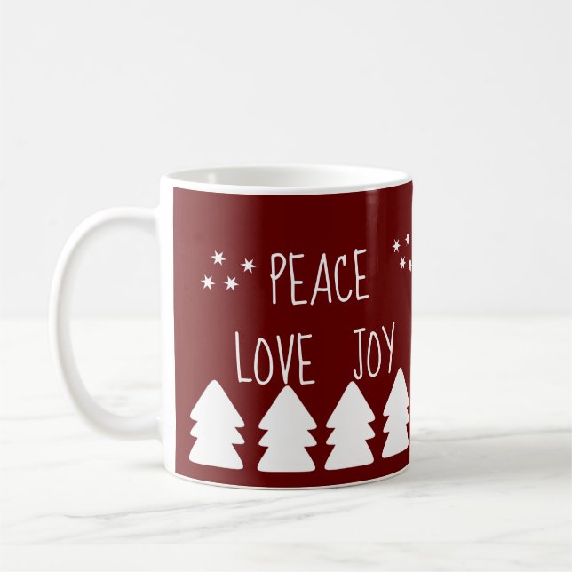 Peace Love Joy Script Burgundy Christmas  Coffee M Mug (Left)