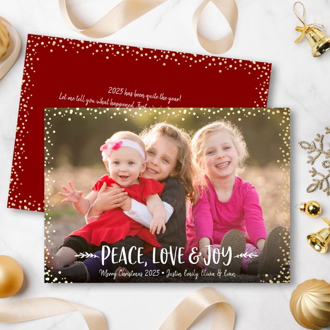 Peace Love Joy Script Christmas Photo Real Gold Foil Holiday Card (Creator Uploaded)