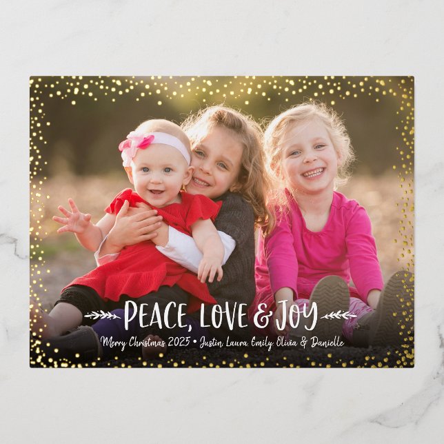 Peace Love Joy Script Christmas Photo Real Gold Foil Holiday Postcard (Front)