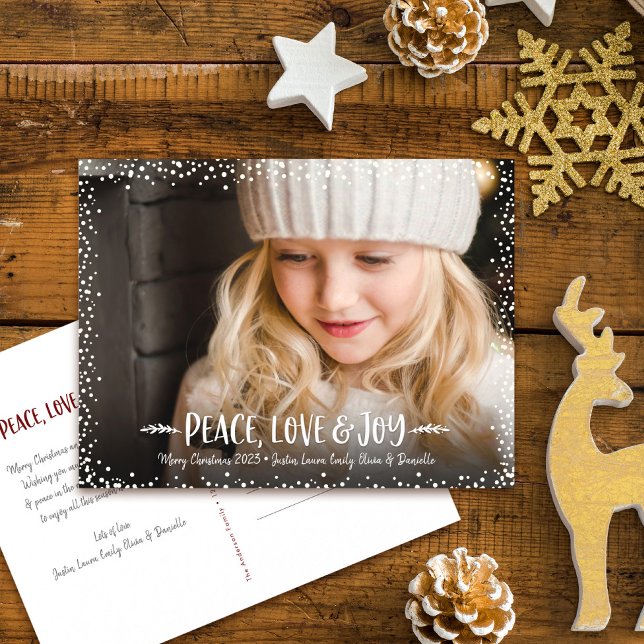 Peace Love Joy Script Custom Photo Confetti Dots Holiday Postcard (Creator Uploaded)