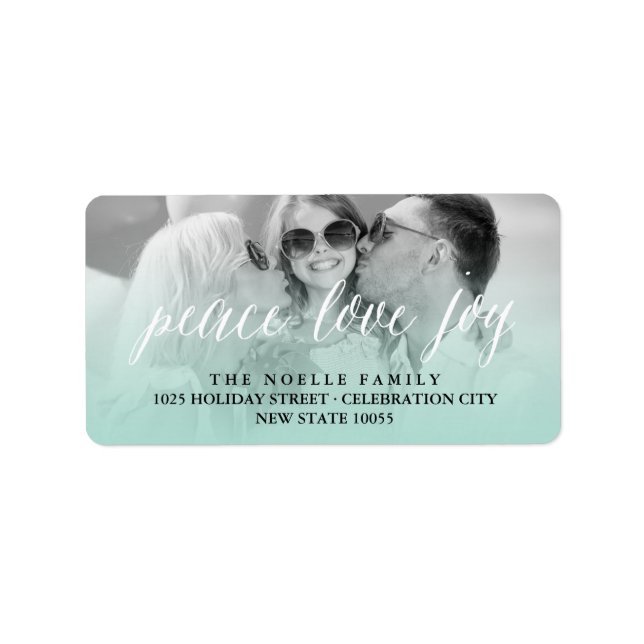 Peace Love Joy Script Holiday Photo Address Labels (Front)
