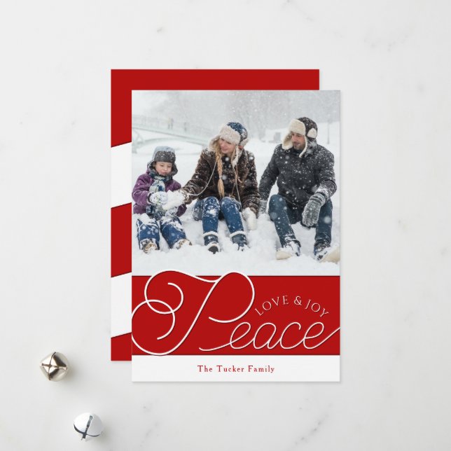 Peace Love Joy Script Red White 2-Photo Christmas Holiday Card (Front/Back In Situ)