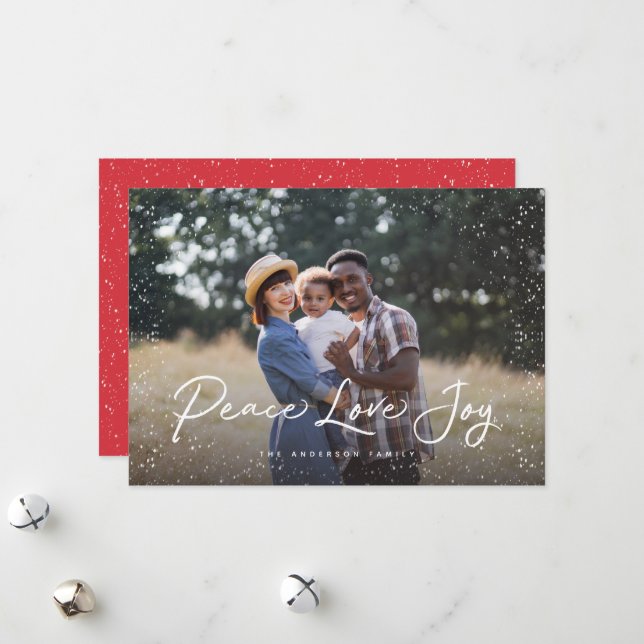 Peace Love Joy Script Snow Photo Holiday Card (Front/Back In Situ)