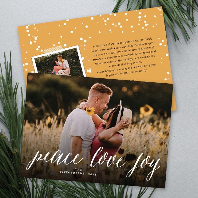Peace Love Joy Simple White Script Modern Photo Holiday Card (Creator Uploaded)
