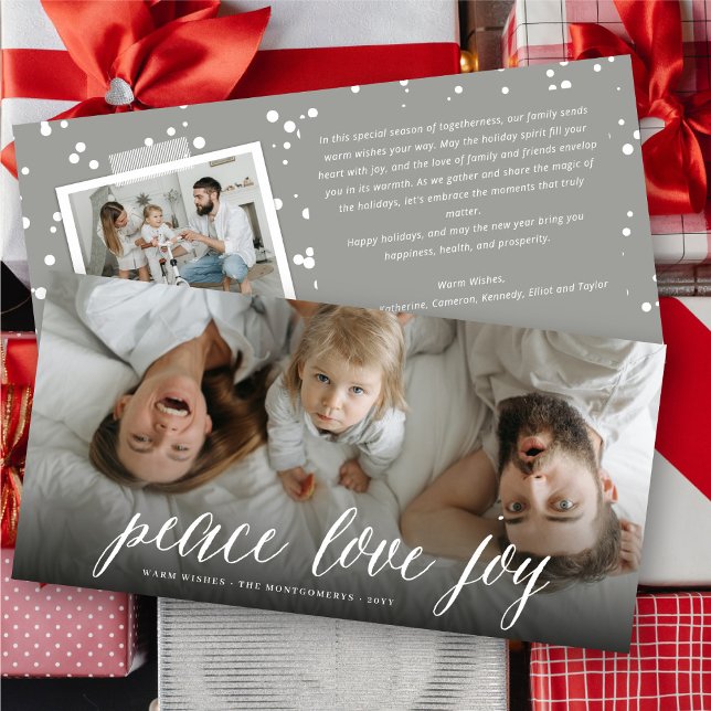 Peace Love Joy Simple White Script Modern Photo Holiday Card (Creator Uploaded)