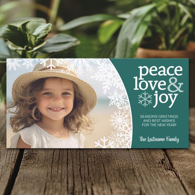Peace Love Joy - Snowflakes and 1 Photo - Teal Holiday Card (Custom Holiday Photo Card)