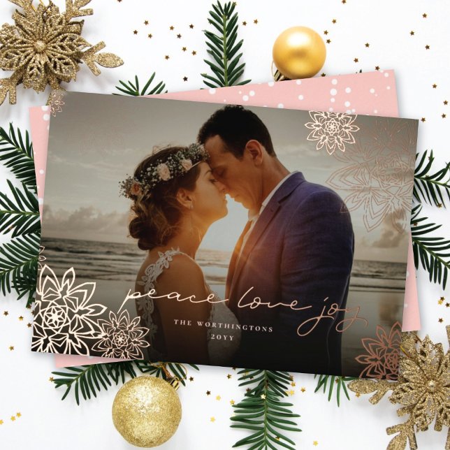 Peace Love Joy Snowflakes Elegant Christmas Photo Foil Holiday Card (Creator Uploaded)