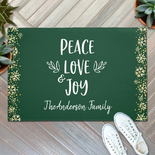 Peace Love Joy Snowflakes Typography Green Holiday Doormat
