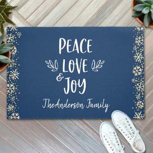 Peace Love Joy Snowflakes Typography Navy Holiday Doormat