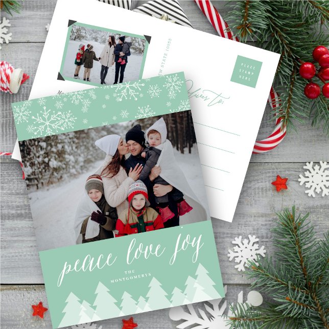 Peace Love Joy Snowflakes Winter Wonderland Trees Holiday Postcard (Creator Uploaded)
