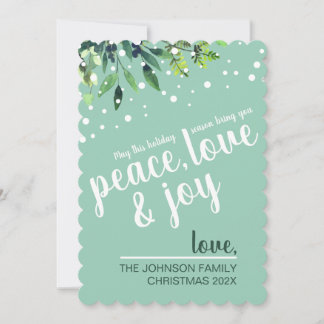 Peace Love Joy Snowy Greenery Classic Mint Custom  Holiday Card