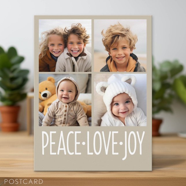 Peace Love Joy Taupe - 4 Photo Collage Holiday Postcard (Holiday Photo Postcard)