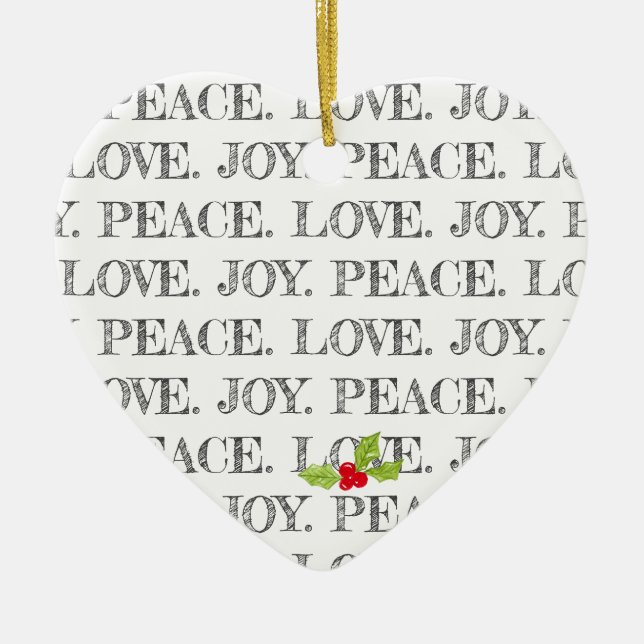 Peace Love Joy Text Christmas Holly Photo Heart Ceramic Tree Decoration (Front)