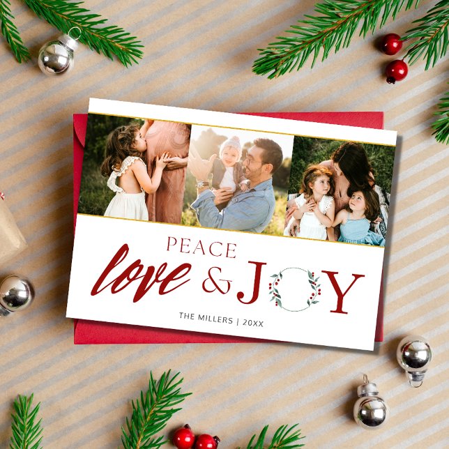 Peace Love Joy Three Photo Family Christmas  Holiday Card (Peace Love Joy Three Photo Family Christmas Holiday Card)