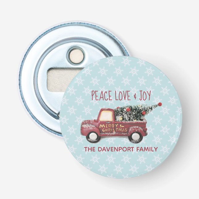 Peace Love & Joy Toy Truck Merry Christmas Bottle Opener (Front)