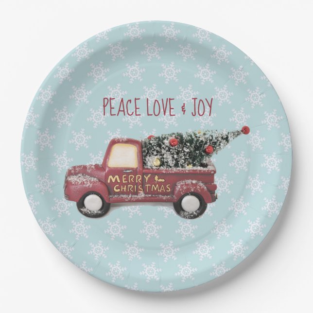 Peace Love & Joy Toy Truck Merry Christmas Paper Plate (Front)