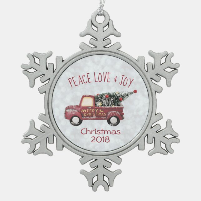 Peace Love & Joy Toy Truck Merry Christmas Snowflake Pewter Christmas Ornament (Front)