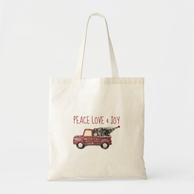 Peace Love & Joy Toy Truck Merry Christmas Tote Bag (Front)