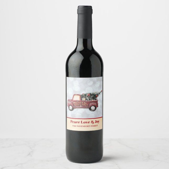 Peace Love & Joy Toy Truck Merry Christmas Wine Label (Front)