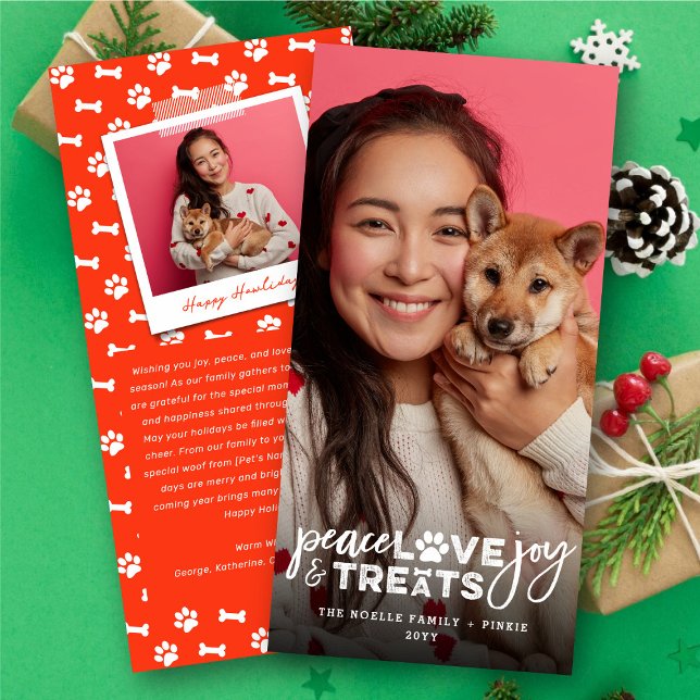 Peace Love Joy Treats Dog Lover Photo Modern Pet Holiday Card (Creator Uploaded)