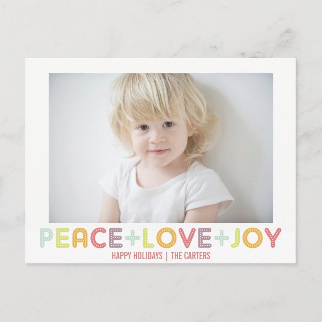 PEACE LOVE JOY TYPOGRAPHY HOLIDAYS PHOTO HOLIDAY POSTCARD (Front)