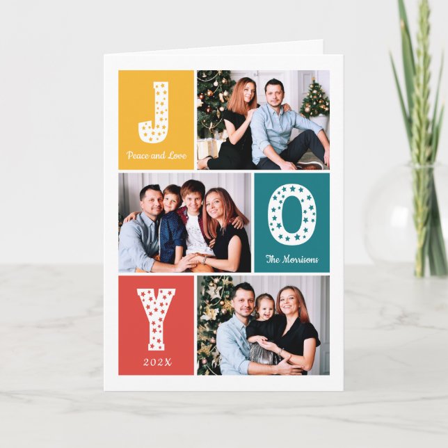 Peace Love JOY Typography Modern 3 Photo Holiday Card (Front)