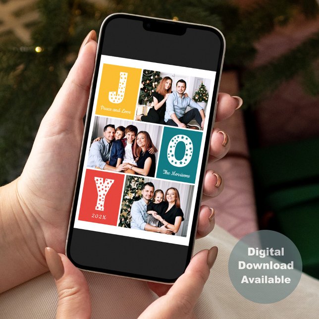 Peace Love JOY Typography Modern 3 Photo Holiday Card (Creator Uploaded)