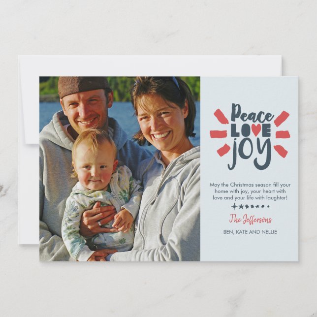 Peace Love Joy Typography Photo Holiday Card (Front)