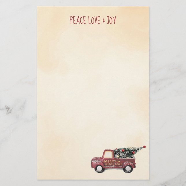 Peace Love & Joy w/ Red Toy Truck Merry Christmas Stationery (Front)