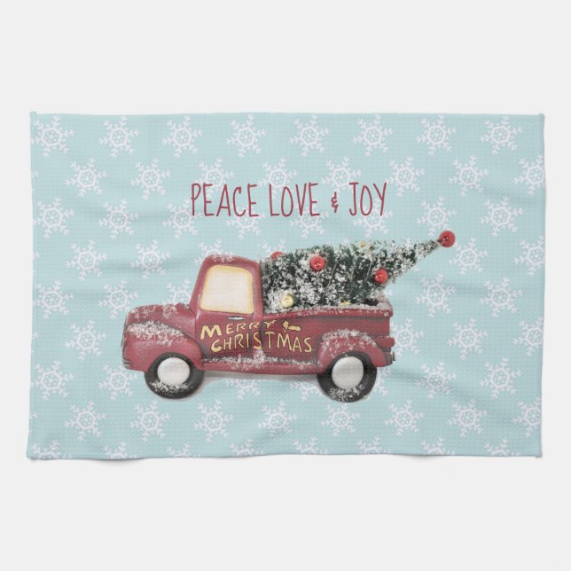 Peace Love & Joy w/ Red Toy Truck Merry Christmas Tea Towel (Horizontal)