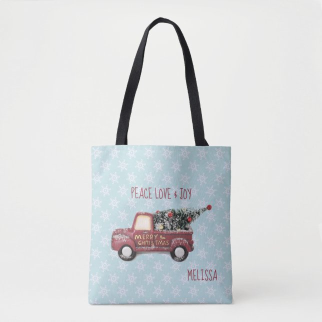 Peace Love & Joy w/ RedToy Truck Merry Christmas Tote Bag (Front)