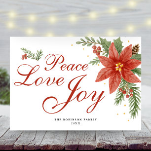 Peace Love Joy Watercolor Poinsettia Christmas  Holiday Card