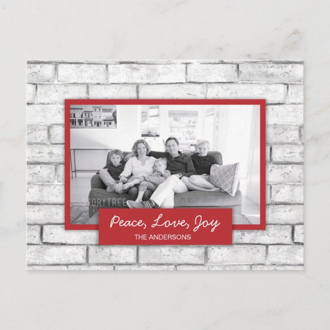 Peace Love Joy White Brick Wall Holiday Photo Card (Front)